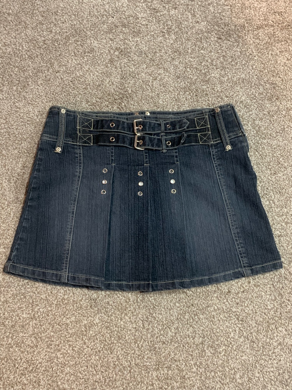 Dark Blue Denim Mini Skirt with Dual Buckle Waist